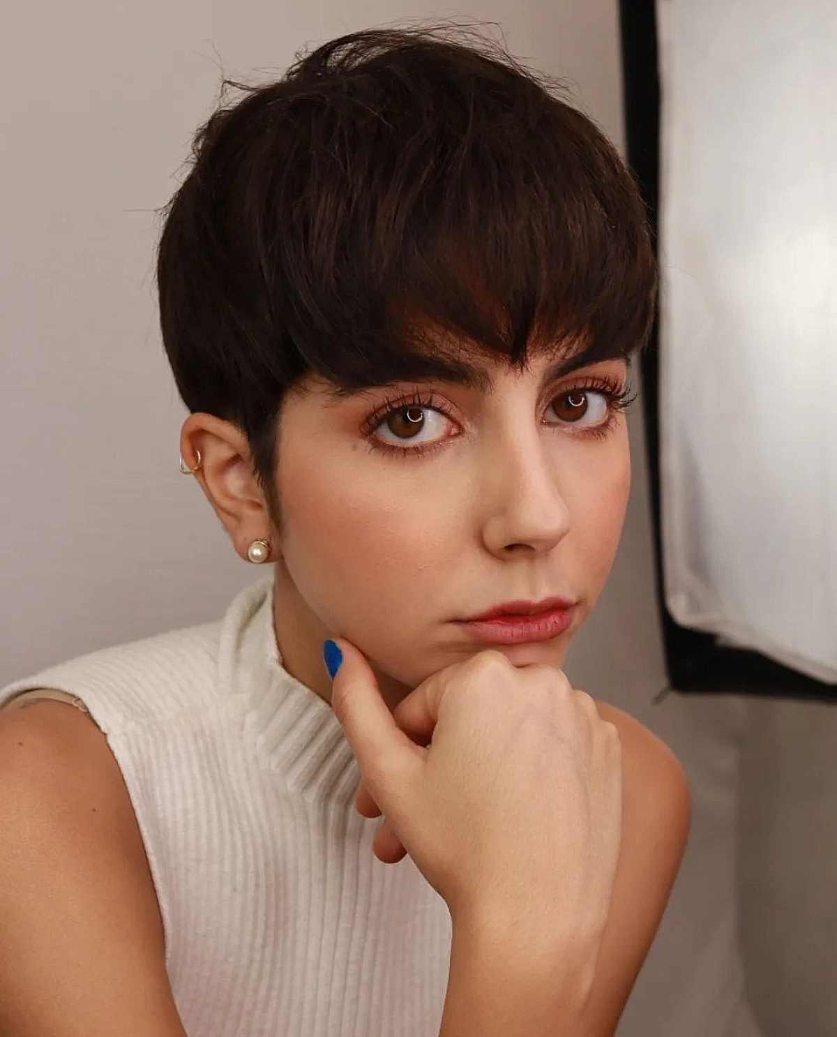 Brunette Pixie with Full Wispy Bangs