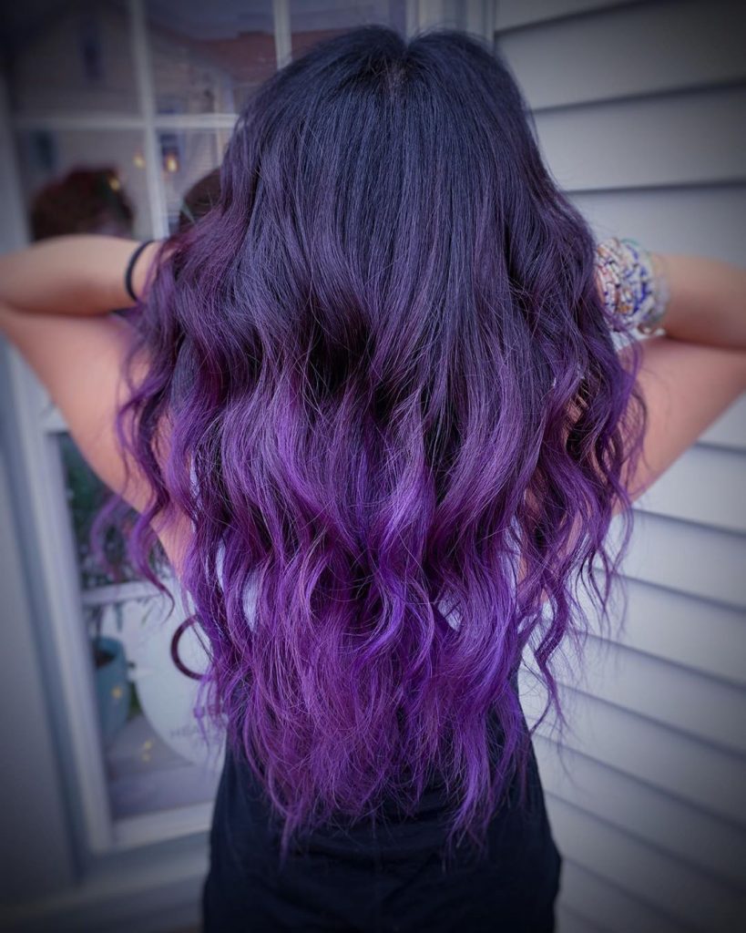 Brunette-Purple Balayage for V-Cut Long Wavy Hair