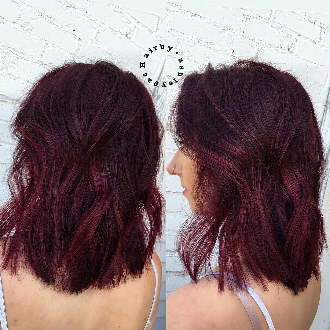 Burgundy Hair Color on a Messy Bob with Waves