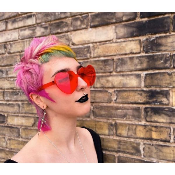 Candy Pink Short Rock Mullet With Green Yellow Baby Bangs
