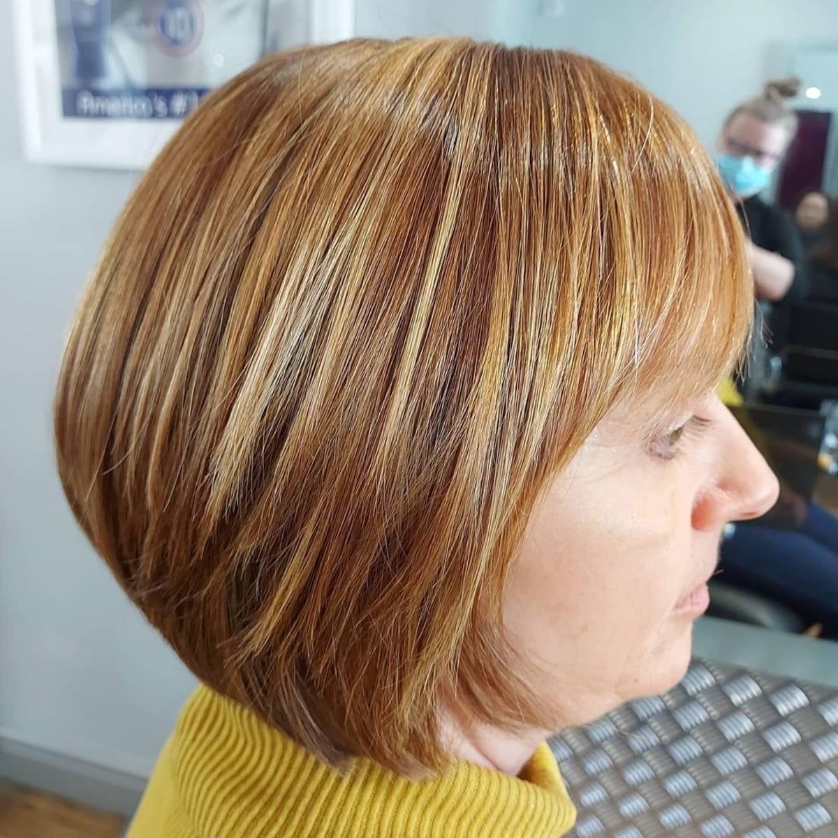 Caramel blonde bob with bangs