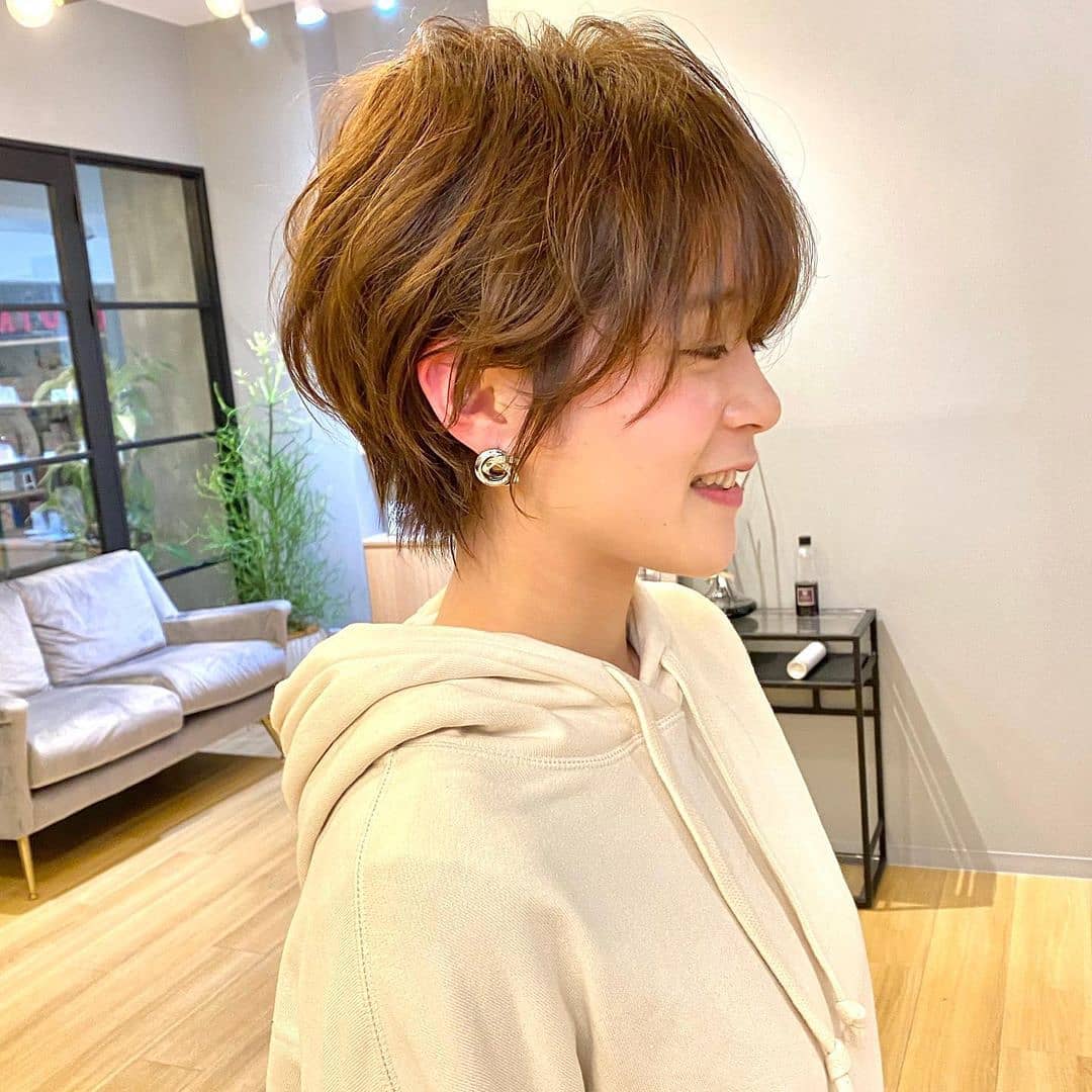 Caramel Brown Ear-Length Cut with Bangs