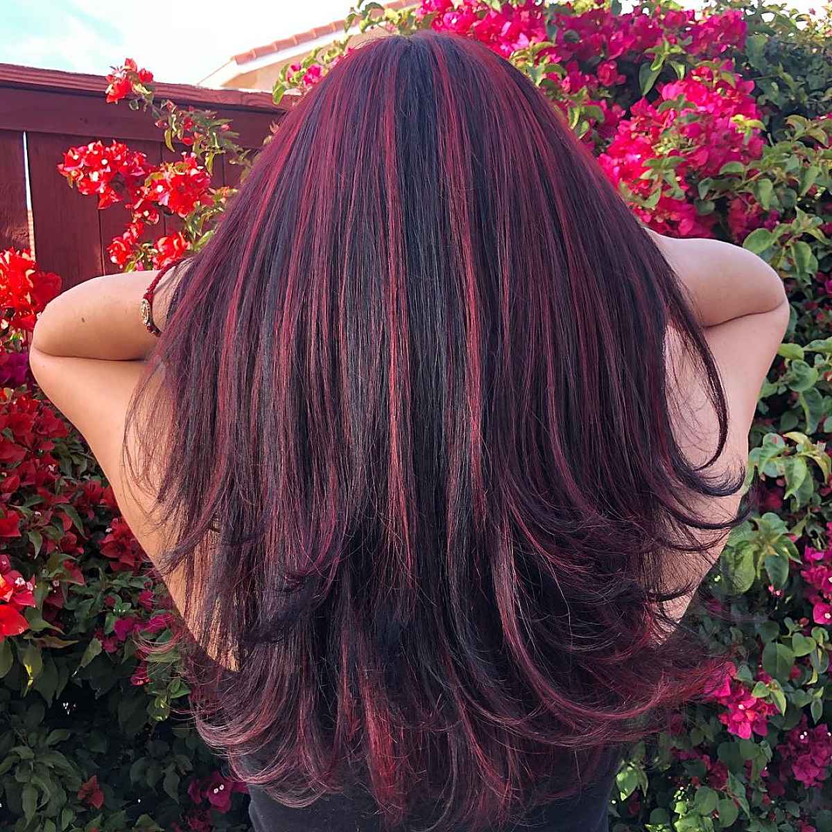 Cherry Red Highlights on Dark Hair