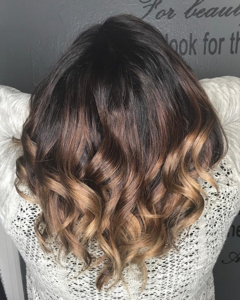 Chestnut to Caramel Brown Ombre on a woman with shorter hair
