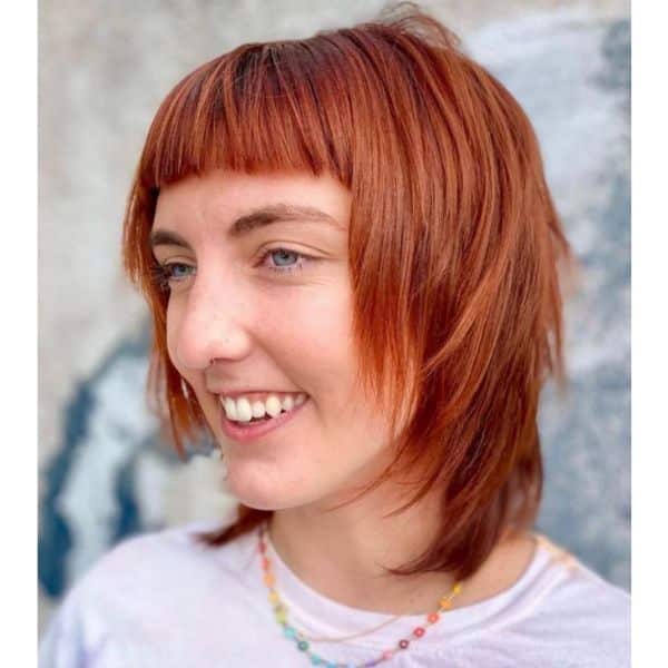 Cinnamon Red Mullet With Soft Layers And Straight Bangs