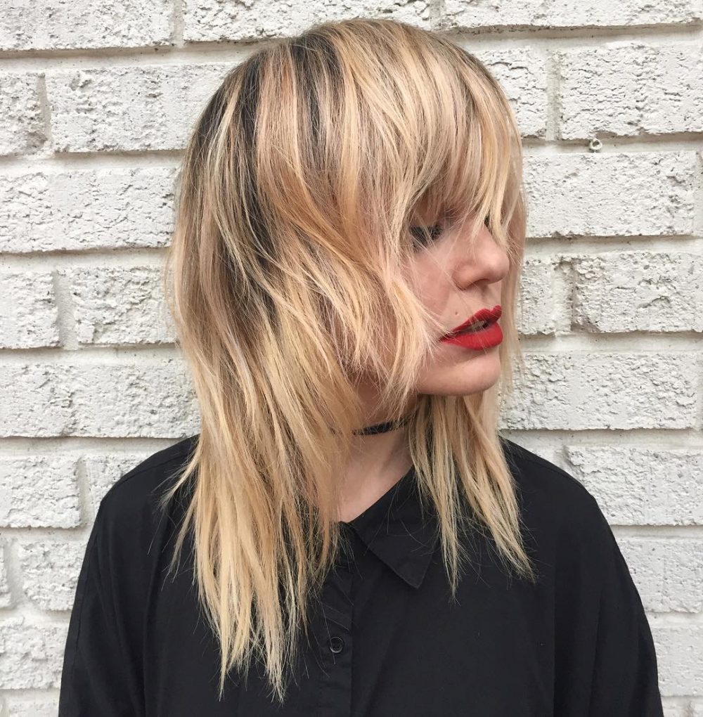 Collarbone-Length Straight Shag Cut with Rooted Blonde