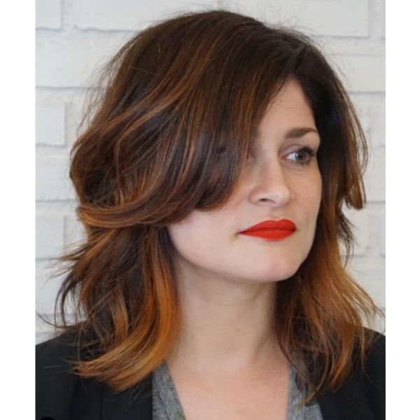 Copper Painted Shag For Wavy Hair with Heavy Bangs