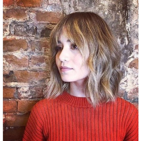 Curly Lob Hair With Blonde Balayage