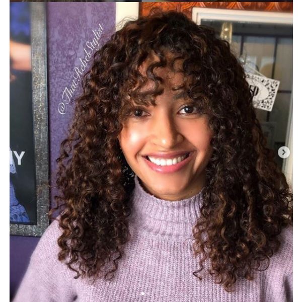 Curly Medium Hairstyle with Curly Bangs