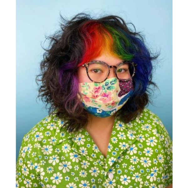 Curly Shaggy Full Bob With Rainbow Colored Bangs