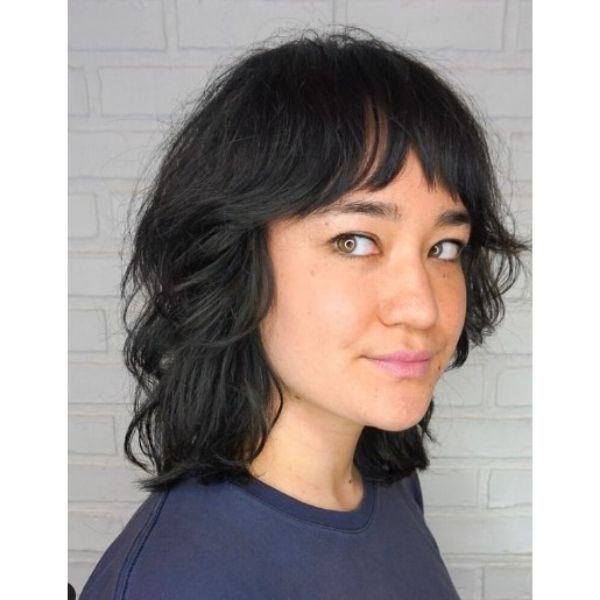 Dark Brunette Medium Haircuts With Chopped Bangs