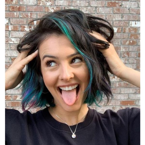 Dark Brunette With Sublte Green Highlights For Medium Long Haircut
