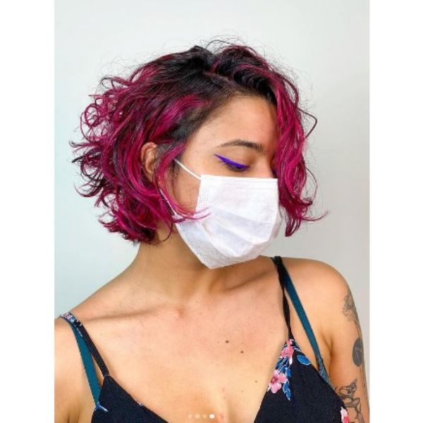  Dark Colored Hair Curly Bob With Magenta Highlights