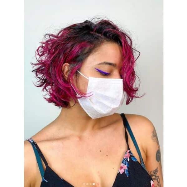 Dark Colored Hair Curly Bob With Magenta Highlights
