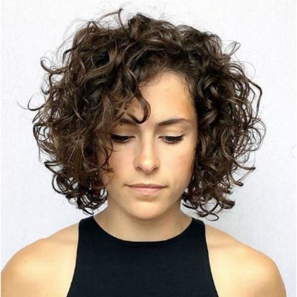 Dark Curly Bob With Side Part