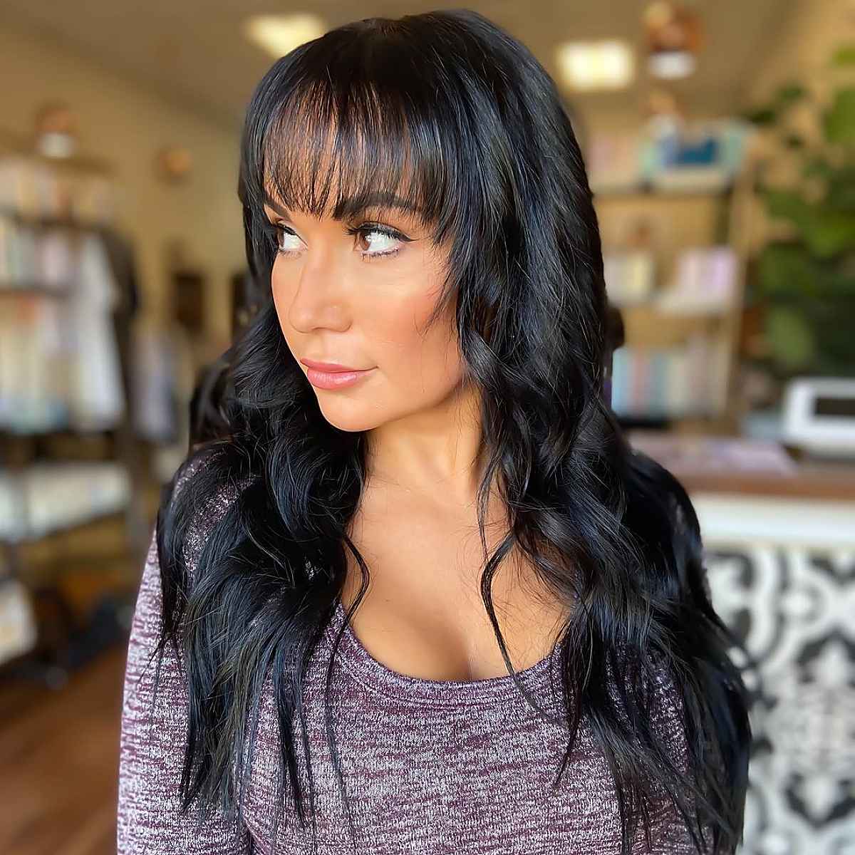 dark long hair with cute hair bangs