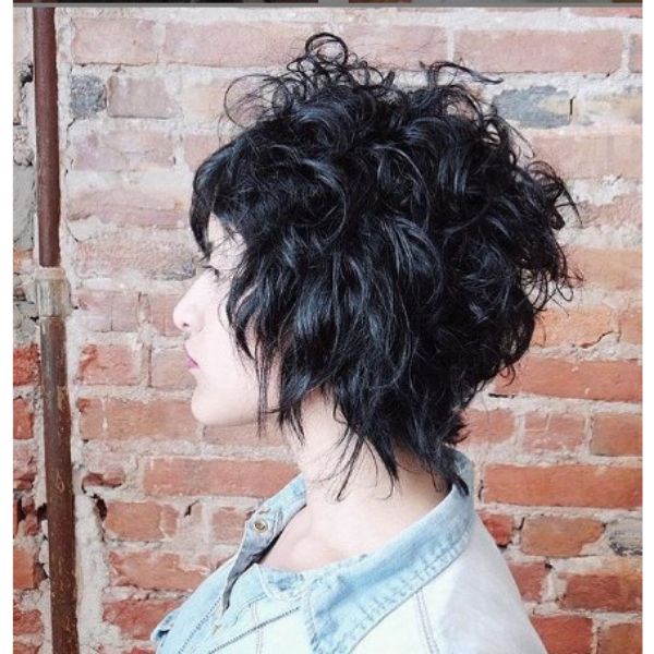 Dark Pixie Curly Bob With Razored Strands