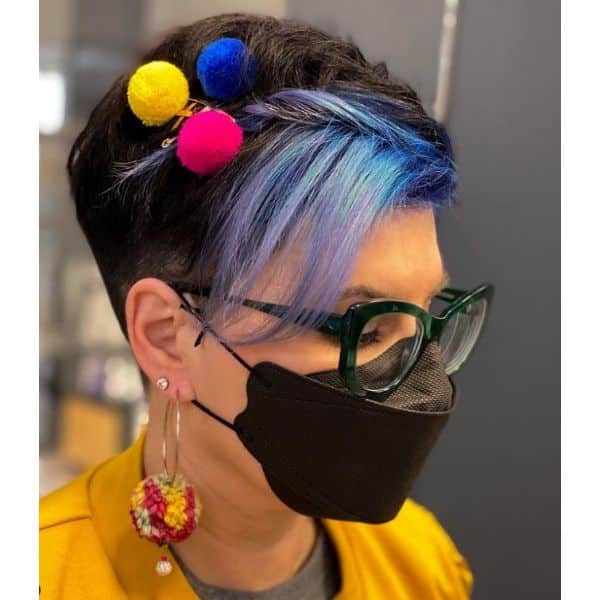 Dark Pixie With Front Highlights And Colorful Hair Pins