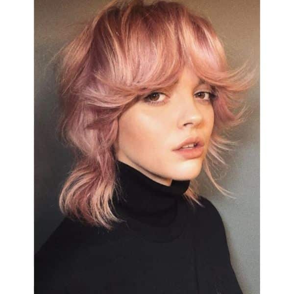 Dusty Rose Medium Haircuts For Wavy Hair With Full Bangs