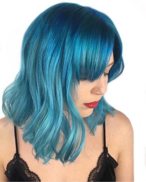 Electric blue long bob with side bangs