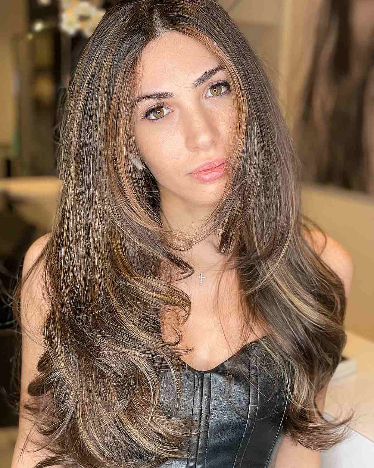 Face-Framing Caramel Highlights and Long Layers on Long Hair