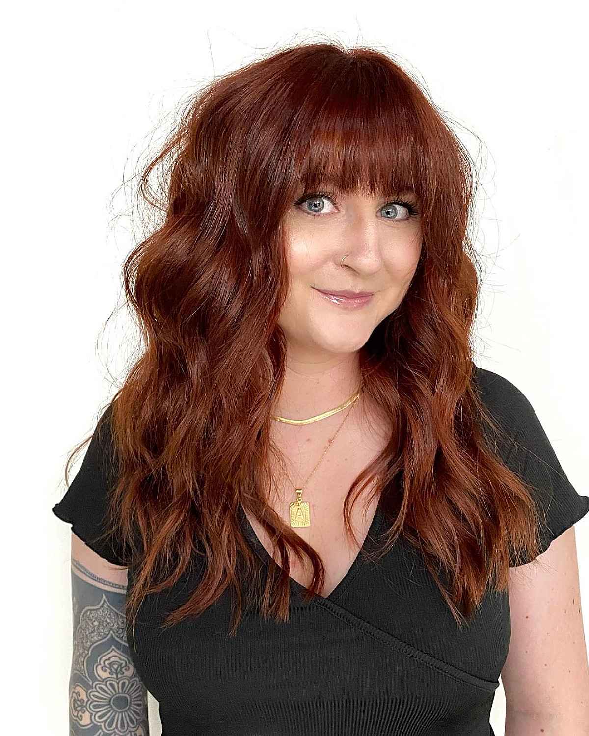 fiery long hair with full bangs