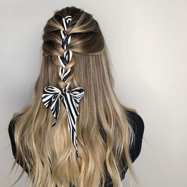 French Braided Hairstyles with Woven Ribbon for Long Hair