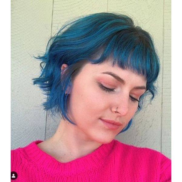 French Curly Bob For Blue Hair With Soft Fringe