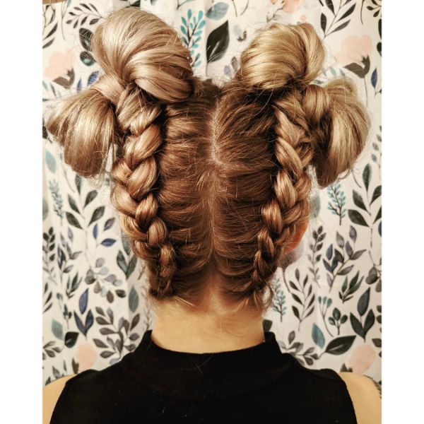 French Style Braided Space Buns Hairstyles with Ribbons for Long Hair