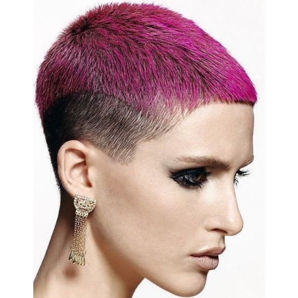 Fuchsia Colored Buzz Cut With Natural Sideburns cute hairstyles for short hair