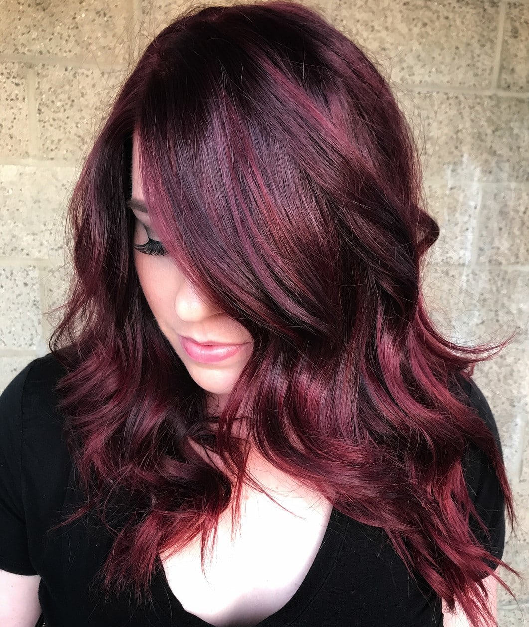 Glam Dark Hair with Burgundy Highlights