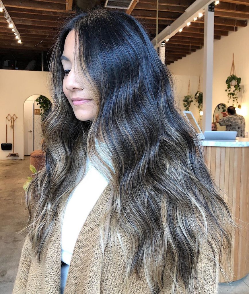Glossy Brunette Balayage for Wavy Long Hair