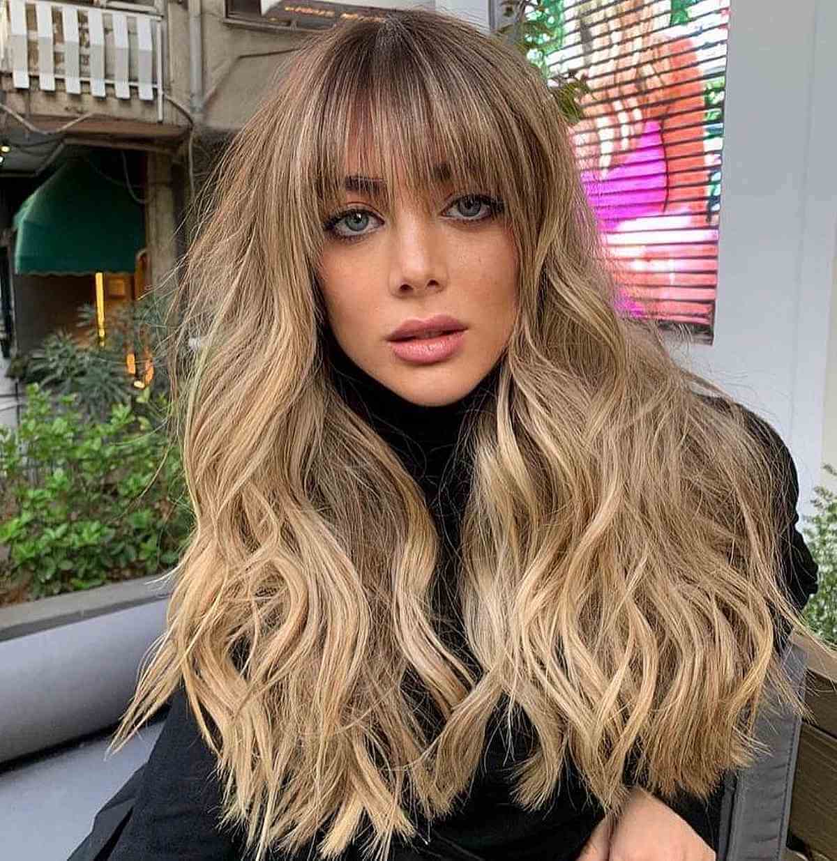 Gorgeous Long Curly Hair with Long Straight Bangs