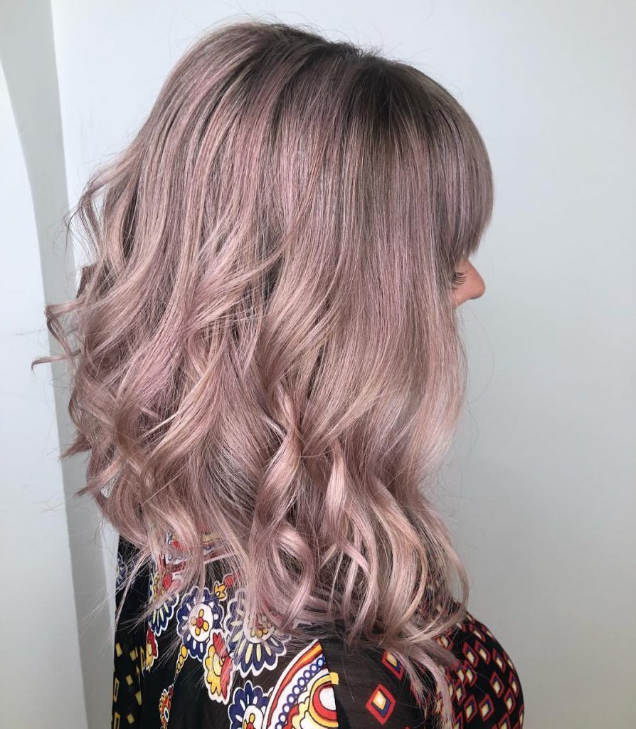 Grey Balayage with rose highlights for Curly Long Hair