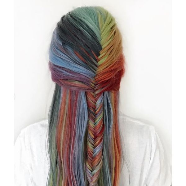 Half Fishtail Braided Hairstyles for Long Multicolored Hair