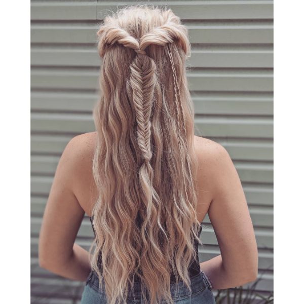 Half Fishtail Braided Hairstyles with Small Side Plaits for Long Wavy Blonde Hair