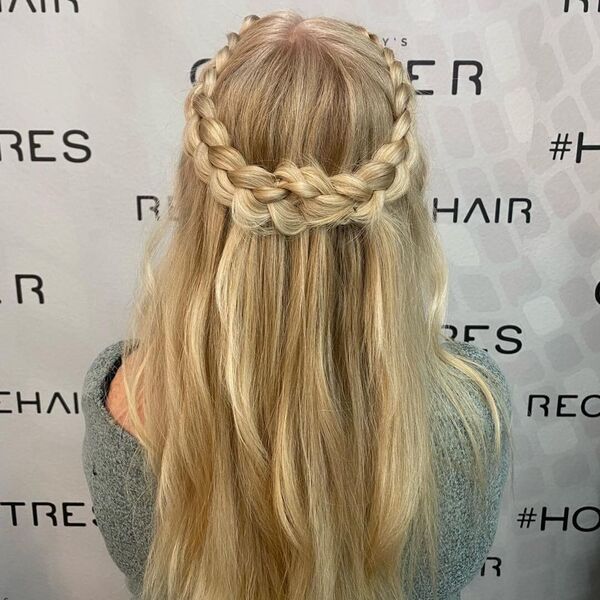 Half-Up, Half-Down Braided Crown Look - a woman wearing a gray sweater