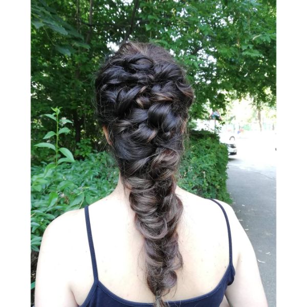 High Mermaid Braided Hairstyle for Long Dark Hair