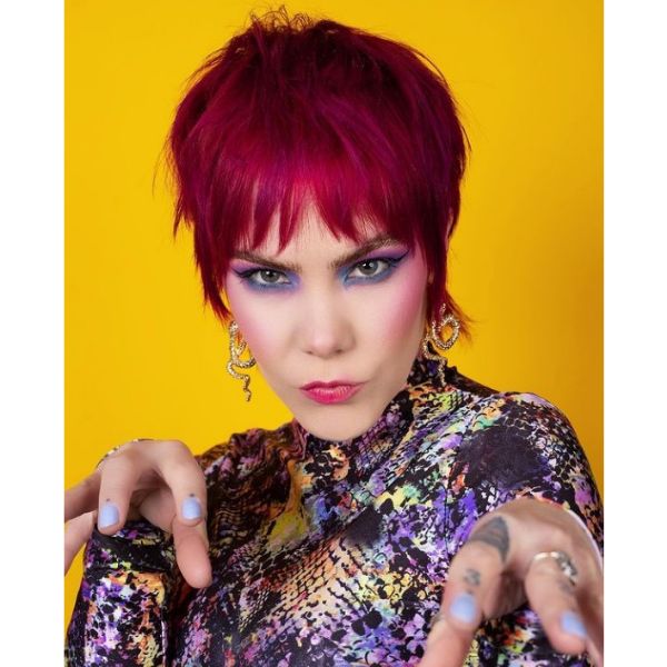 Intense Red Straight Cute Short Mullet Hairstyle With Fuchsia Highlights
