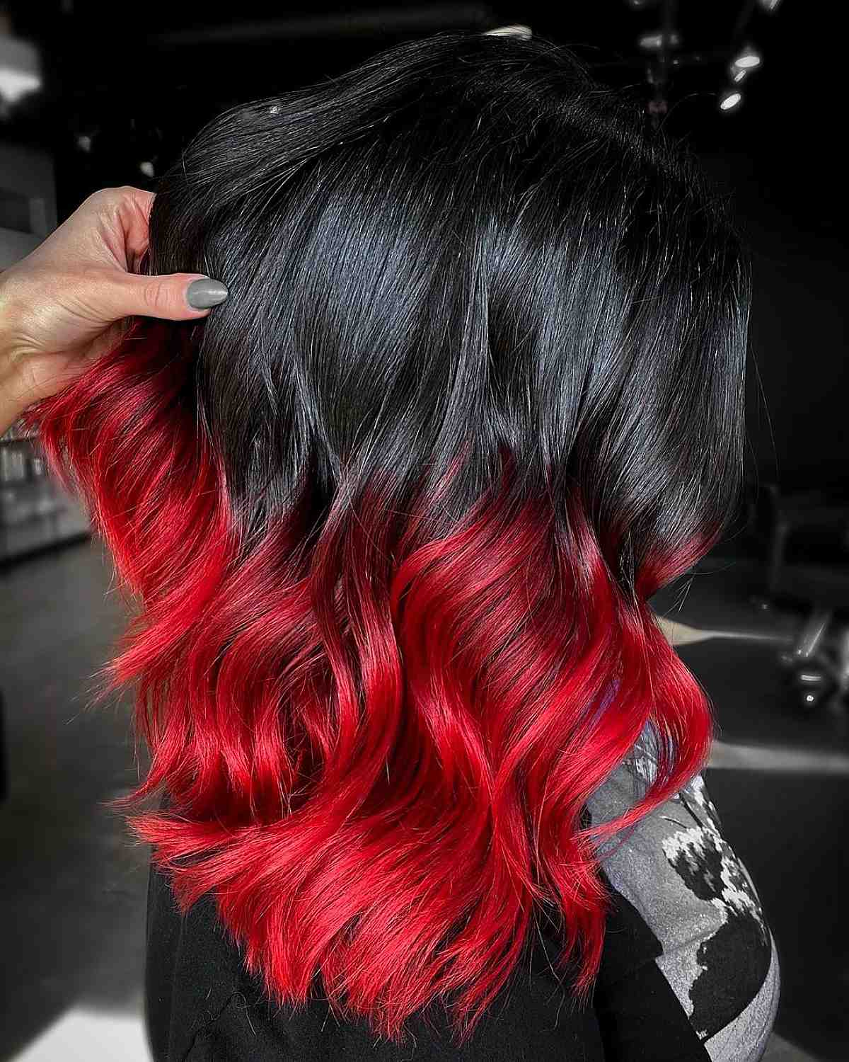 jet black and red ombre on mid-length hair