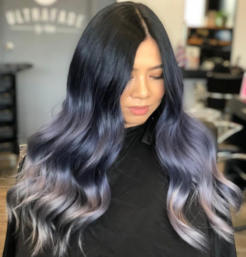 Jet Black to Vibrant Metallic Blue Ombre on Long Hair