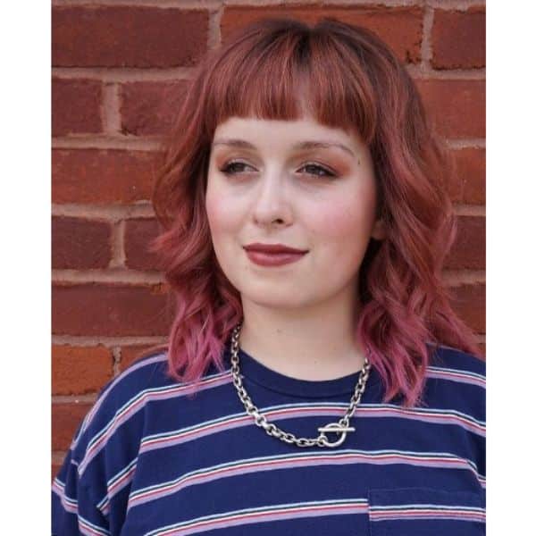 Lavender Pink Medium Haircuts For Wavy Hair with Straight Bangs