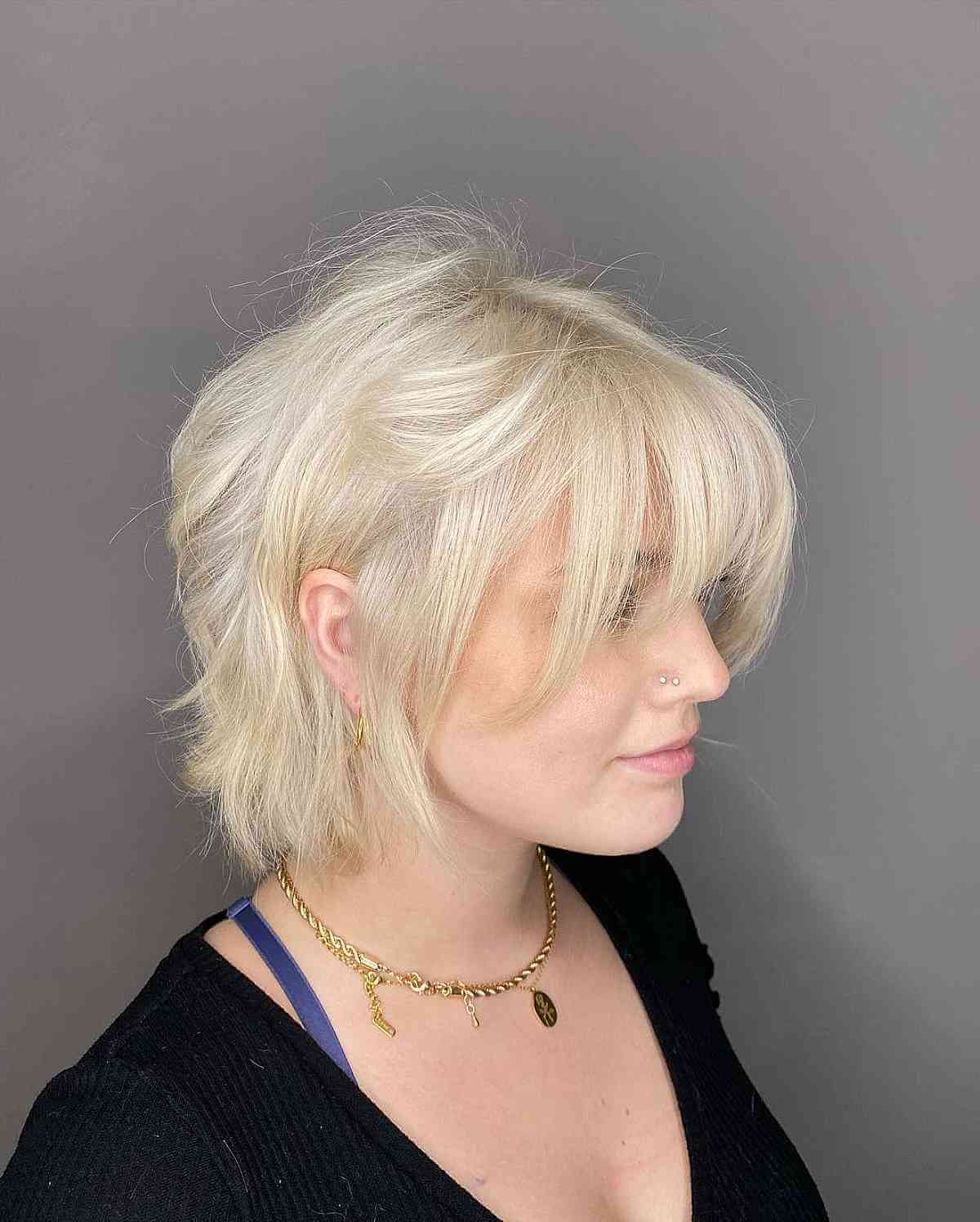 Layered Shag with Bottleneck Bangs for Short Jaw-Length Hair
