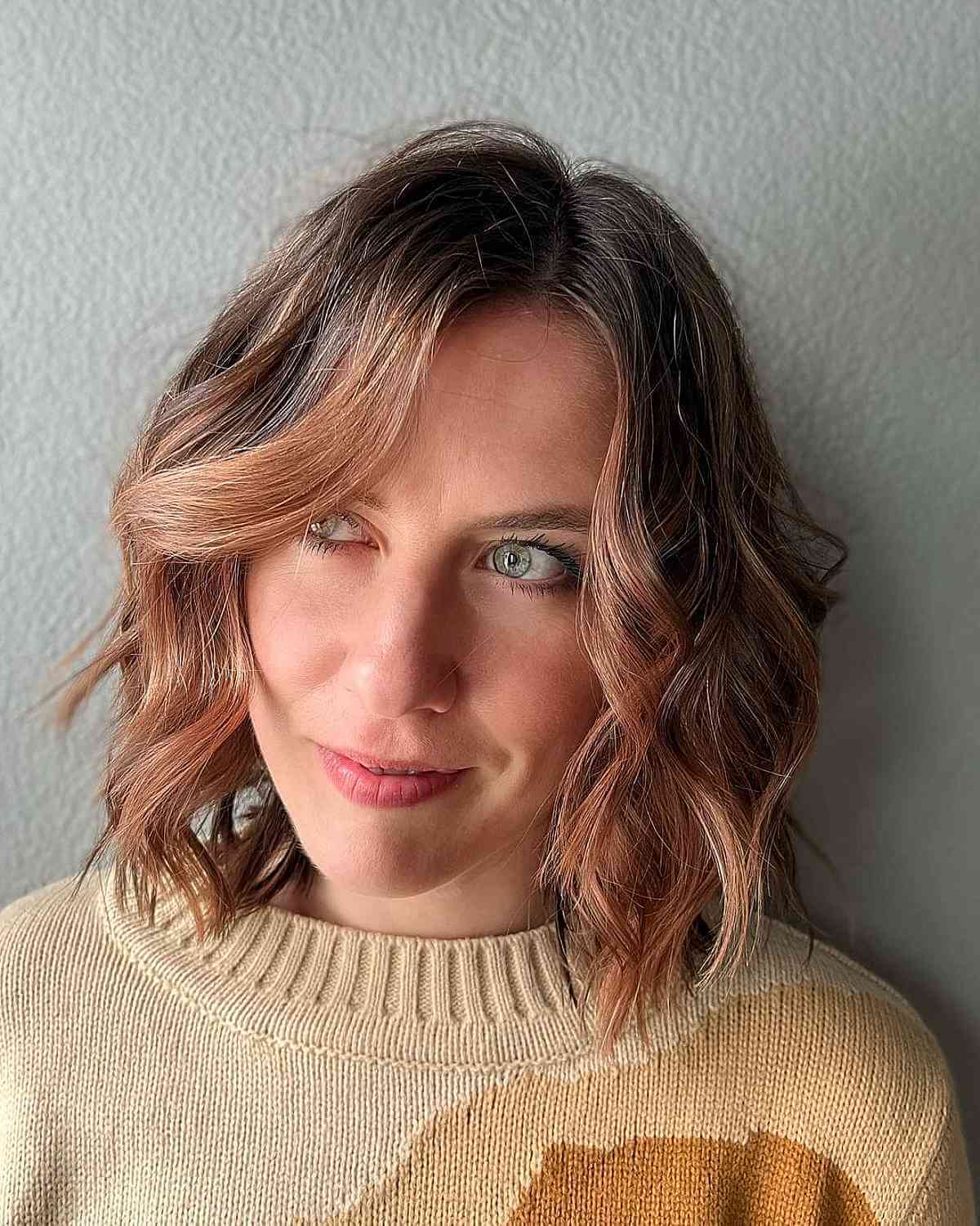 Light Beige Brown with Dark Roots on Short Wavy Hair