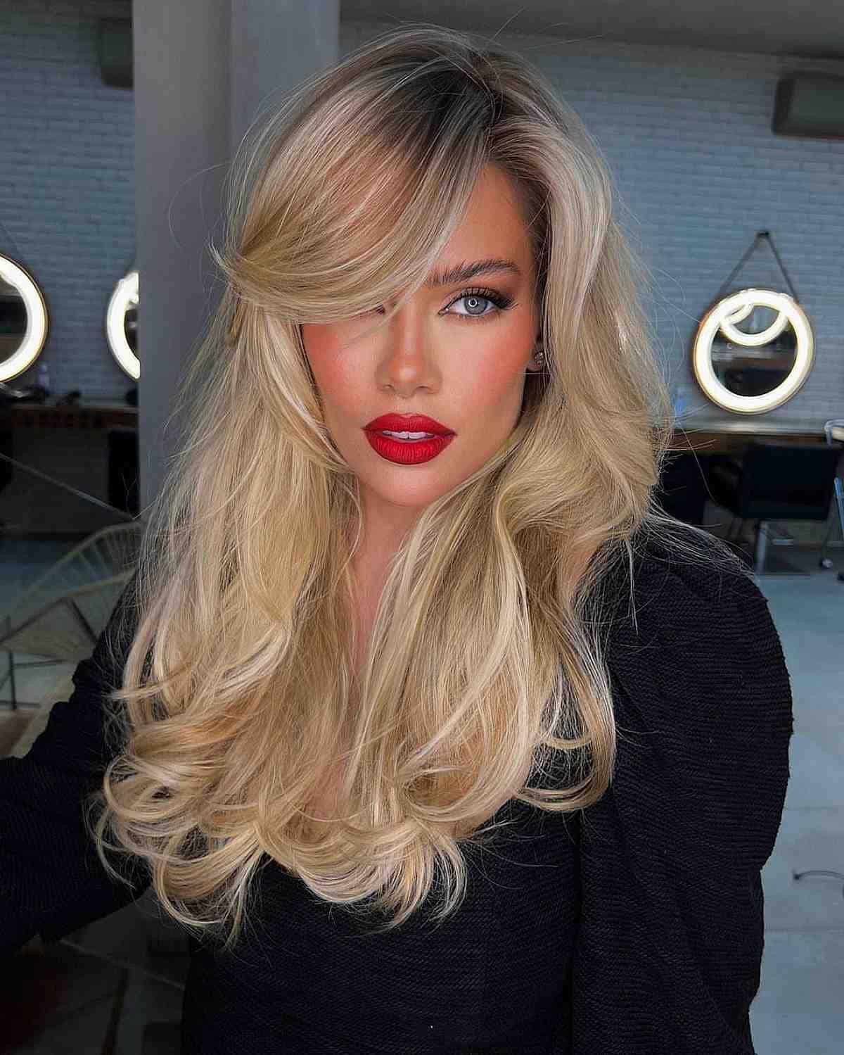 Long Blonde Hair with Big Swoop Fringe