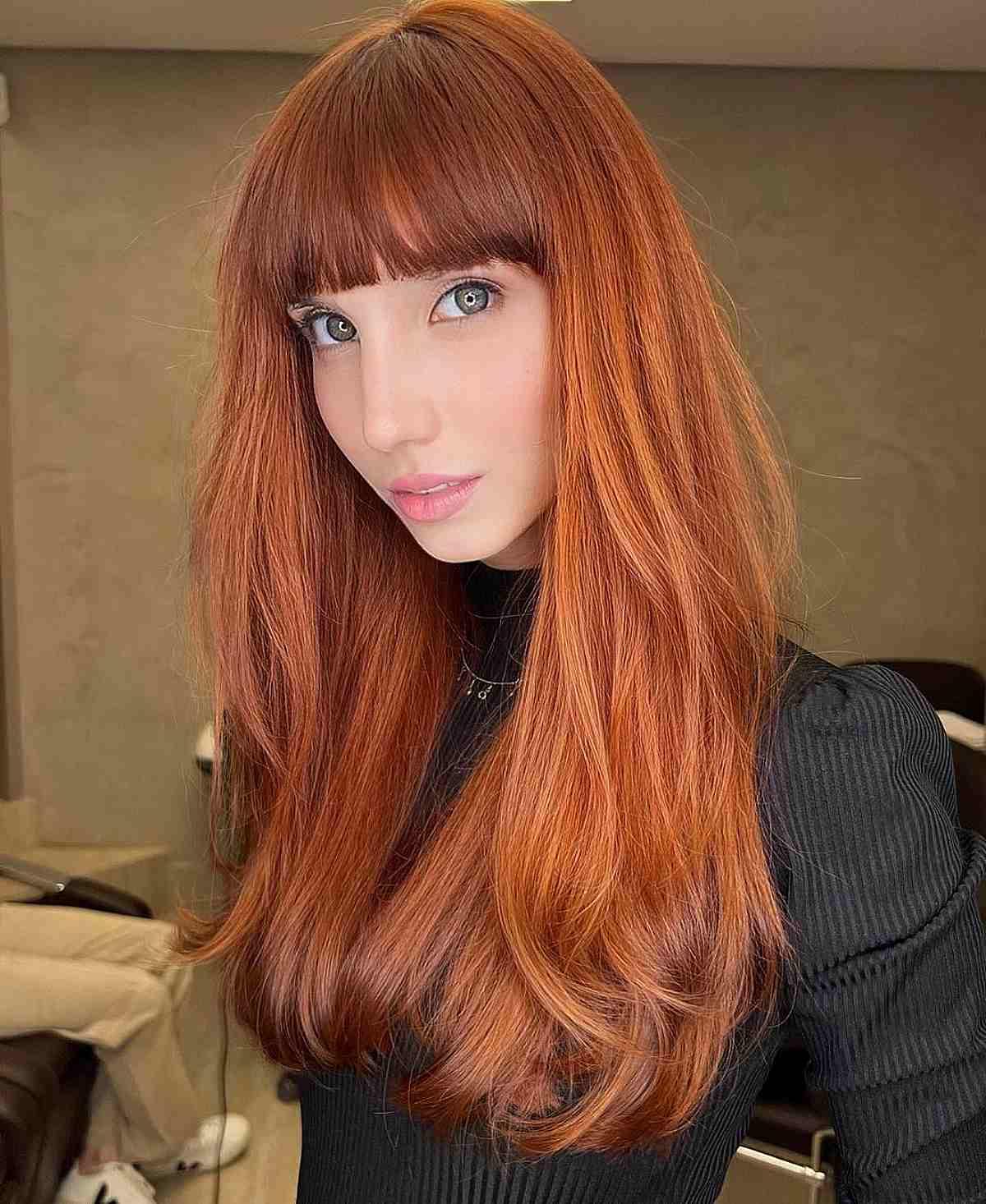 Long Copper Hair with Full Bangs