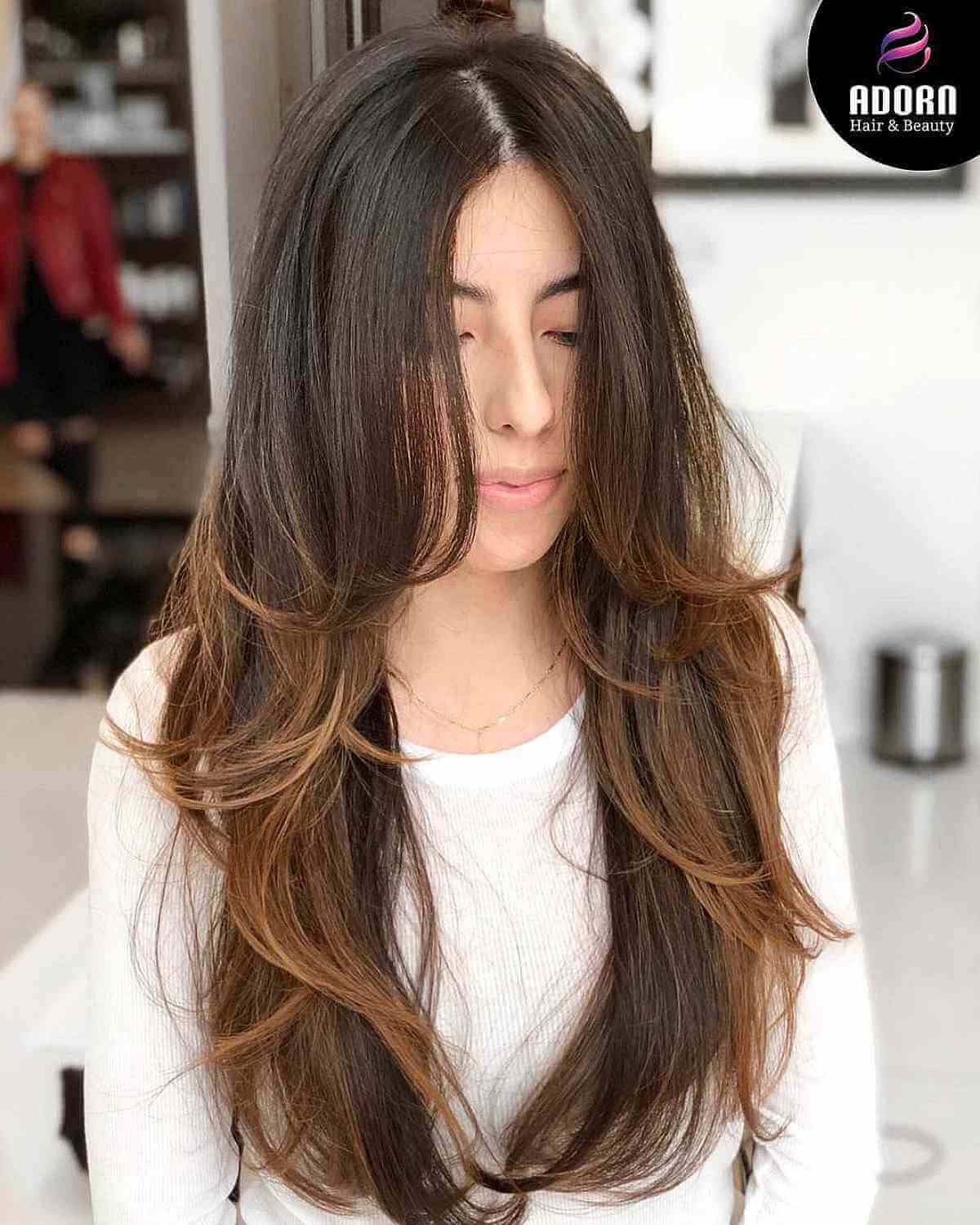 Long Flipped Up Layers with Light Brown Tips