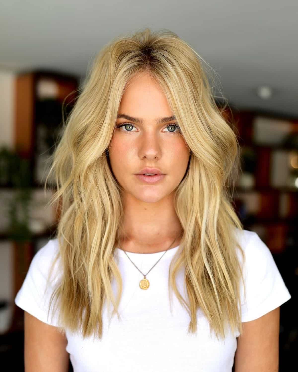 Long golden blonde hair color