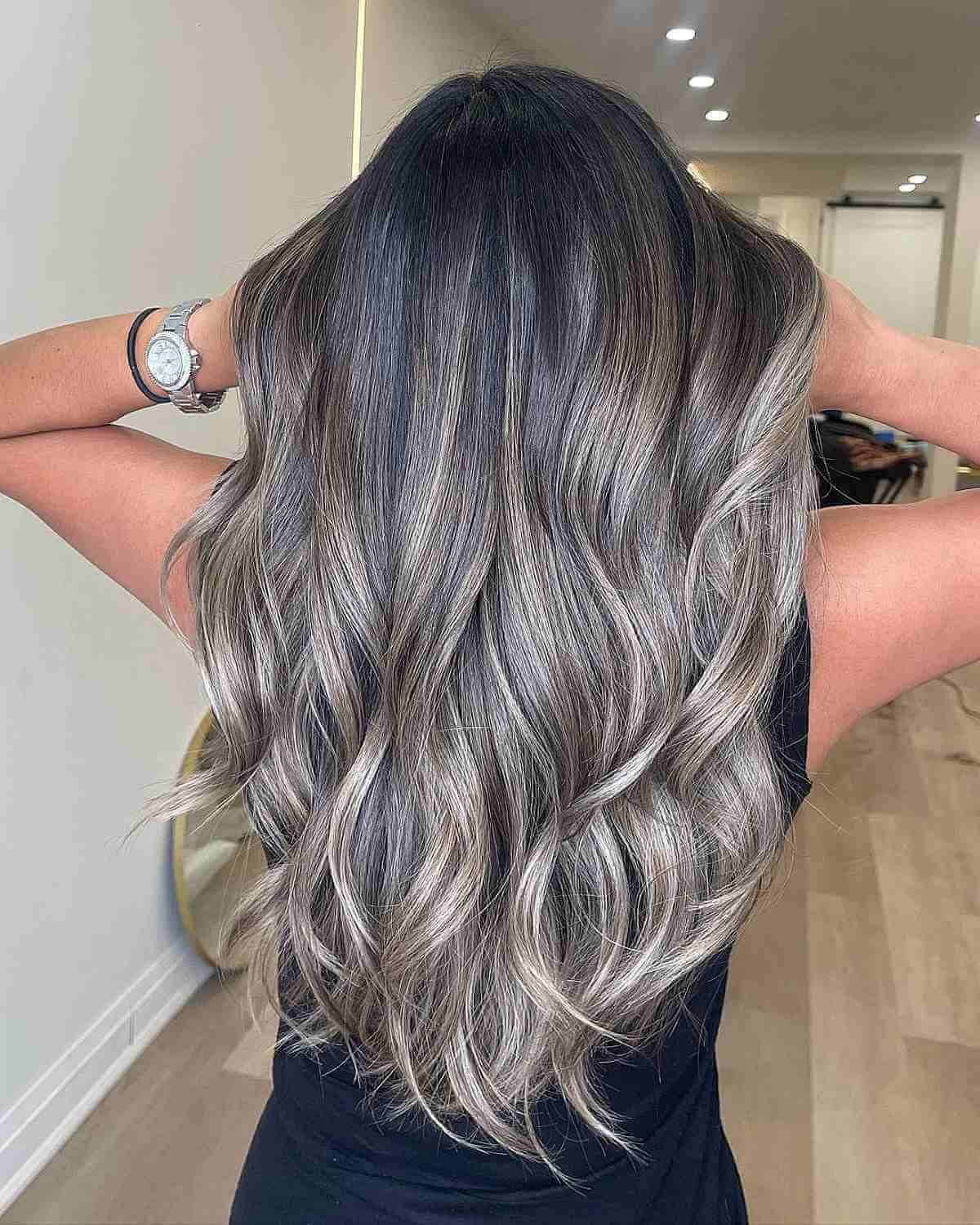 Long Layered Ash-Gray Balayage