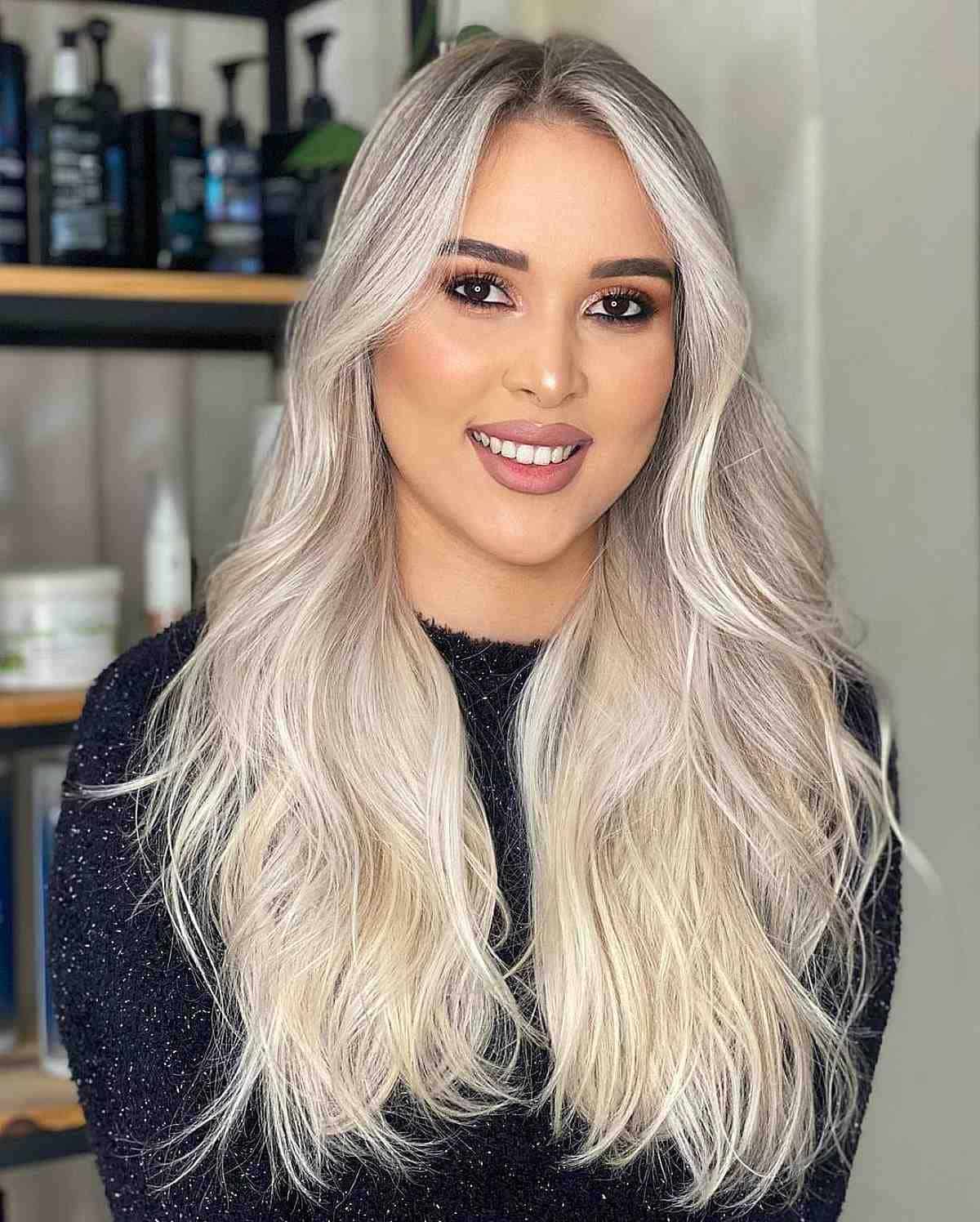 Long Platinum Blonde with an Off-Center Part